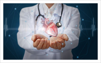 This is a picture with a doctor wearing a white coat and a stethoscope while holding a heart in his hands, the background is blue with a heart beat across the picture